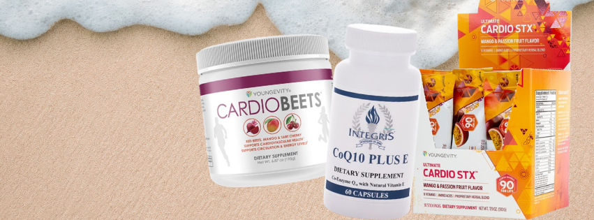 Supplements and energy products on sand with foam at the top for Heart Health support