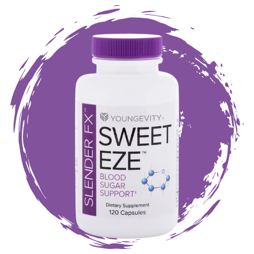 Bottle of Youngevity Sweet Eze dietary supplement with purple cap, containing 120 capsules, labeled for blood sugar support.
