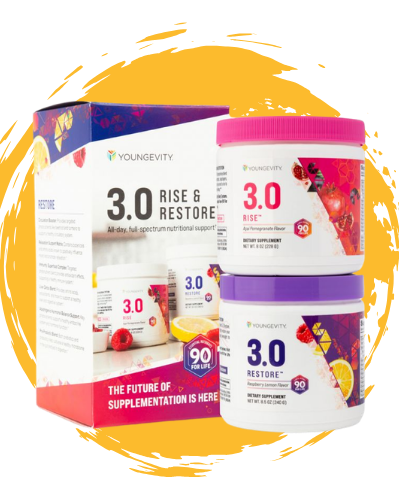 Box and two containers of Youngevity 3.0 Rise & Restore dietary supplement, with passionfruit and berry flavors.