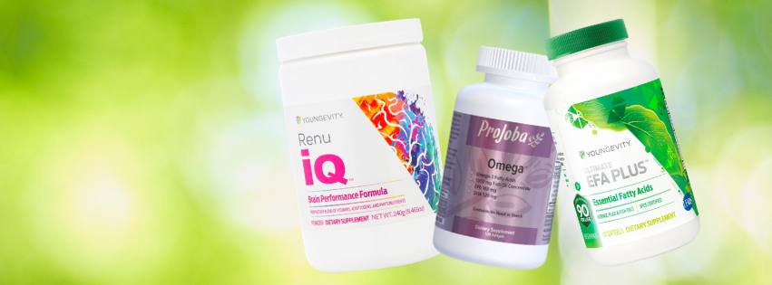 Three dietary supplement bottles from Younggevity with a green blurred background.