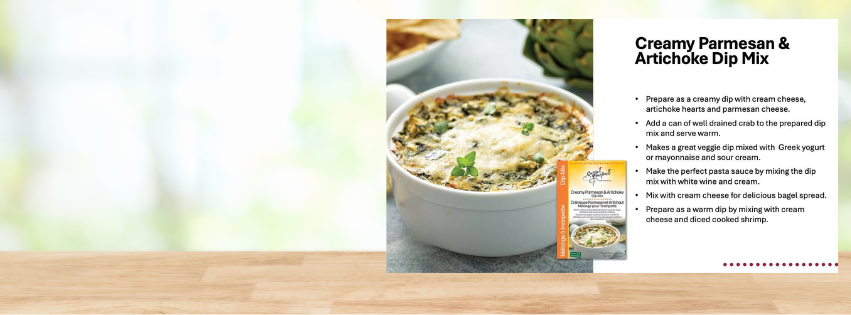 A recipe card for Creamy Parmesan & Artichoke Dip Mix next to a bowl of prepared dip garnished with a mint leaf.