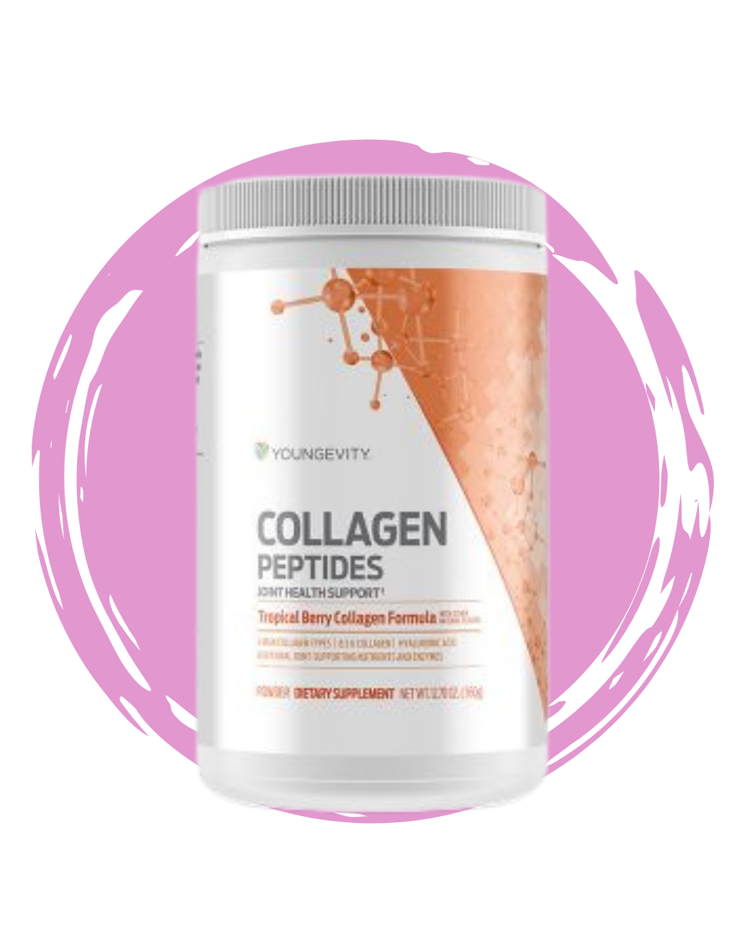 A container of Youngevity Collagen Peptides with a white label, orange accents, and molecular graphic details, indicating it is a dietary supplement for skin, hair, and joint health.