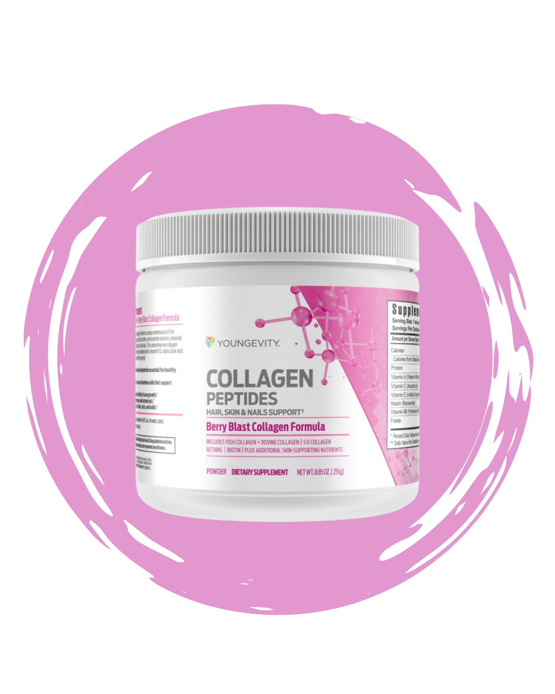 Container of Youngevity Collagen Peptides powder with pink and white label, featuring molecular graphics and pink accents, placed on a pink background.