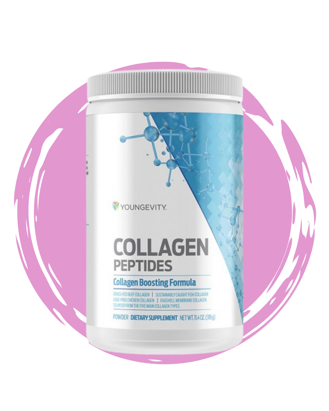 A container of Youngevity Collagen Peptides supplement with a white lid and blue and white label.