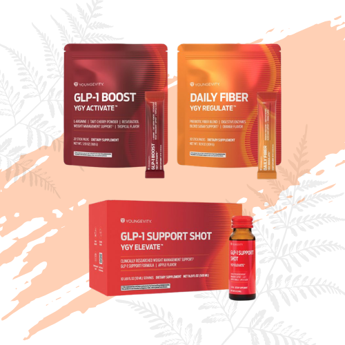 Assorted Younggevity dietary supplements including GLP-1 BOOST, DAILY FIBER, and GLP-1 SUPPORT SHOT with packaging in red, orange, and pink colors.