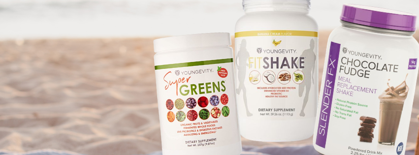 Three dietary supplement containers, including a green container of Super Greens, a white container of Fit Shake banana cream flavor, and a purple container of Chocolate Fudge meal replacement shake.