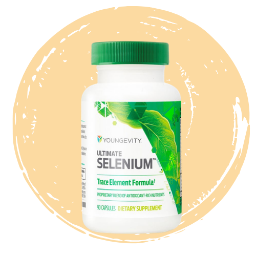Bottle of Youngevity Ultimate Selenium dietary supplement with green cap and label featuring green leaves, set against an orange background.