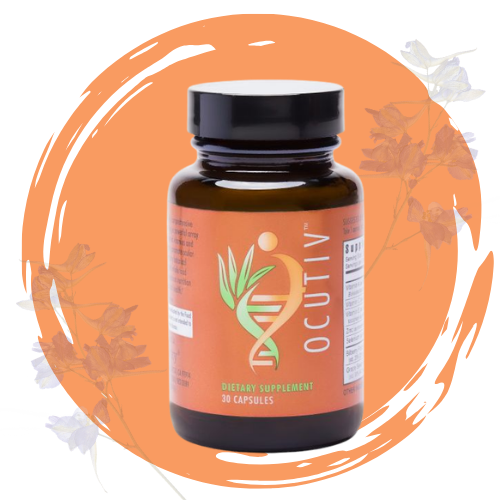 Bottle of dietary supplement labeled 'Neo OCUTIV' with 20 capsules, featuring a green leaf and wave design on an orange background with dried leaves surrounding it.