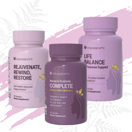 Three bottles of Youngevity dietary supplements: Rejuvenate, Rewind, and Restore; Women's Probiotic Complete; and Life Balance menopause support on a pink background. Hope Hormone Products