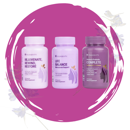Three purple bottles of supplement pills from Younggevity, labeled 'Rejuvenate Rewind Restore,' 'Life Balance Menopause Support,' and 'Women's Probiotic Complete,' against a pink background with floral decoration.