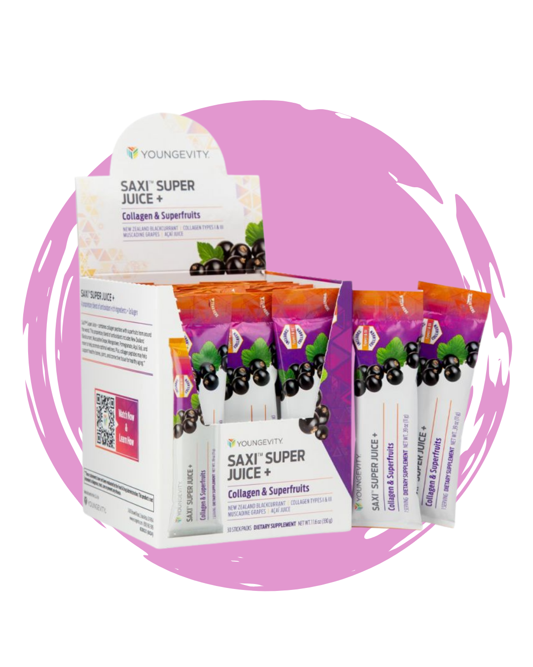 Box and individual packets of Youngevity Saxi Super Juice+ with collagen and superfruits, featuring blackcurrants and muscadine grapes.
