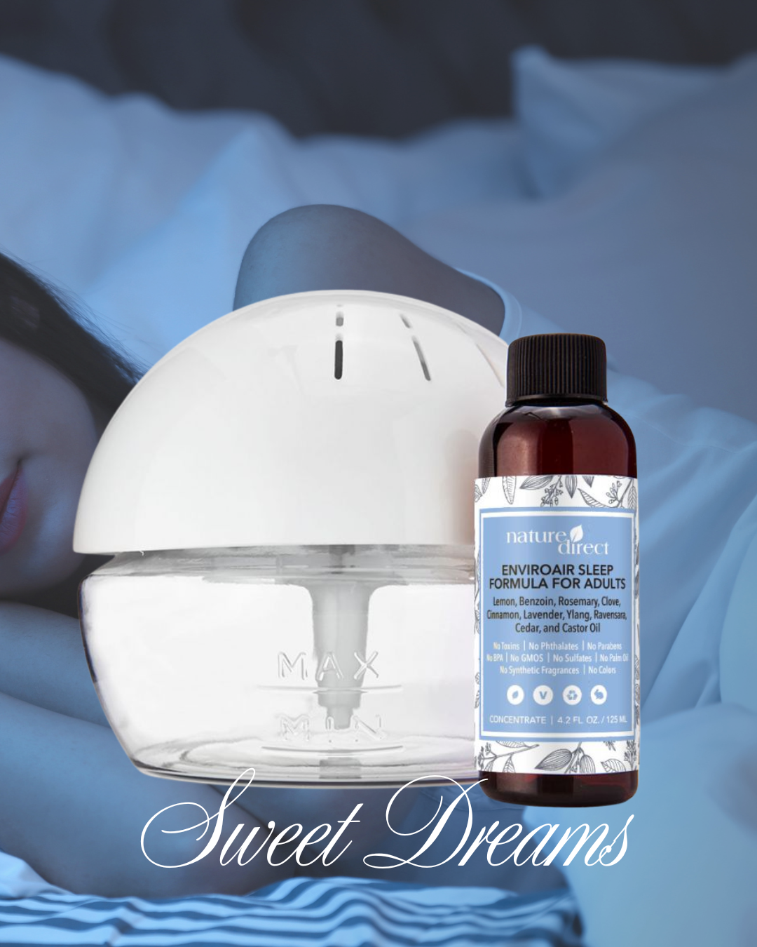 A person lying in bed with blue sheets, holding a glass of water with a white sleep diffuser on top, and a bottle of natural sleep formula beside it, with the text 'Sweet Dreams' written across the bottom.