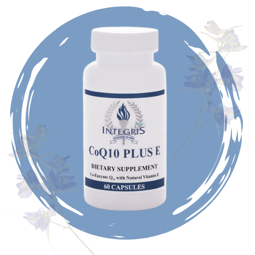 White bottle of CoQ10 Plus E dietary supplement capsules with a blue label, surrounded by purple flowers.