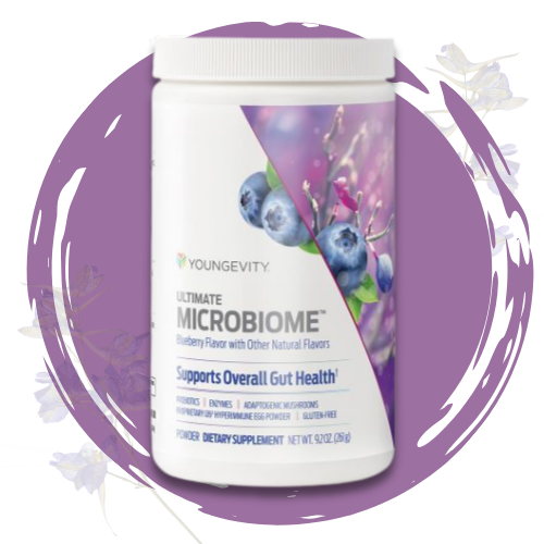 Container of Youngevity Microbiome dietary supplement with blueberry flavor and blueberries on the label, supporting overall gut health.