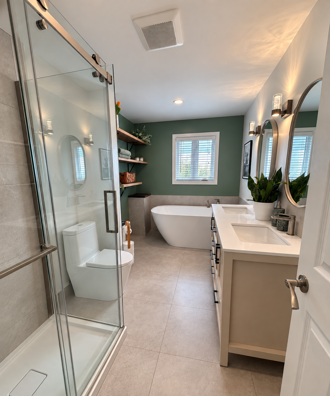 Rénovation de salle de bain réalisée par Garcia Construction Rénovation à Québec, avec douche vitrée, baignoire autoportante sous la fenêtre et vanité double en bois clair.