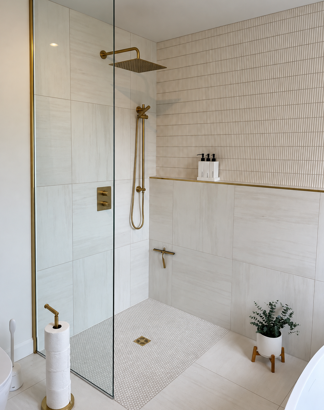 Spa-inspired bathroom renovation by Garcia Construction Rénovation in Quebec City featuring a modern walk-in shower with frameless glass enclosure, large-format tile and brushed gold fixtures.