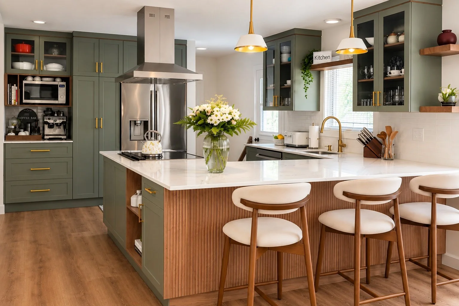 Cuisine rénovée par Garcia Construction Rénovation à Québec, avec armoires vertes et comptoirs blancs.