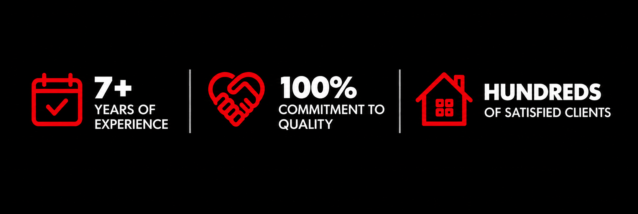 Infographie en noir et rouge avec icônes, texte : 7+ années d'expérience, engagement à 100 %, centaines de clients satisfaits.