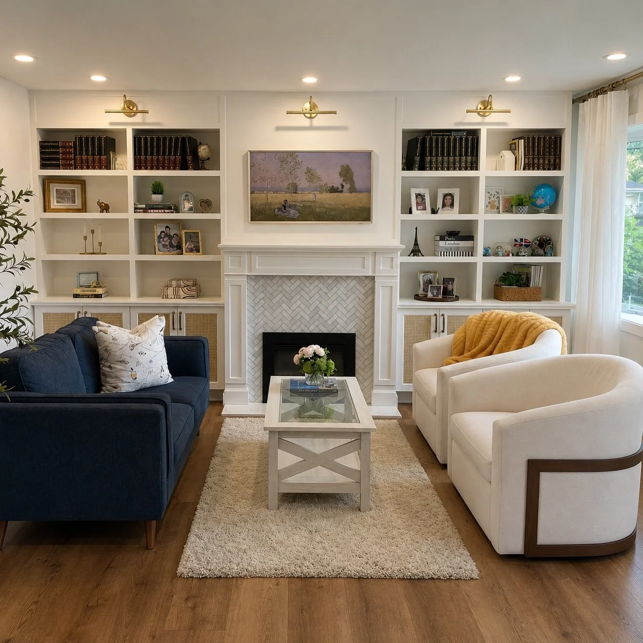 Projet sur mesure réalisé par Garcia Construction Rénovation à Québec, avec bibliothèque intégrée et foyer dans un salon moderne.
