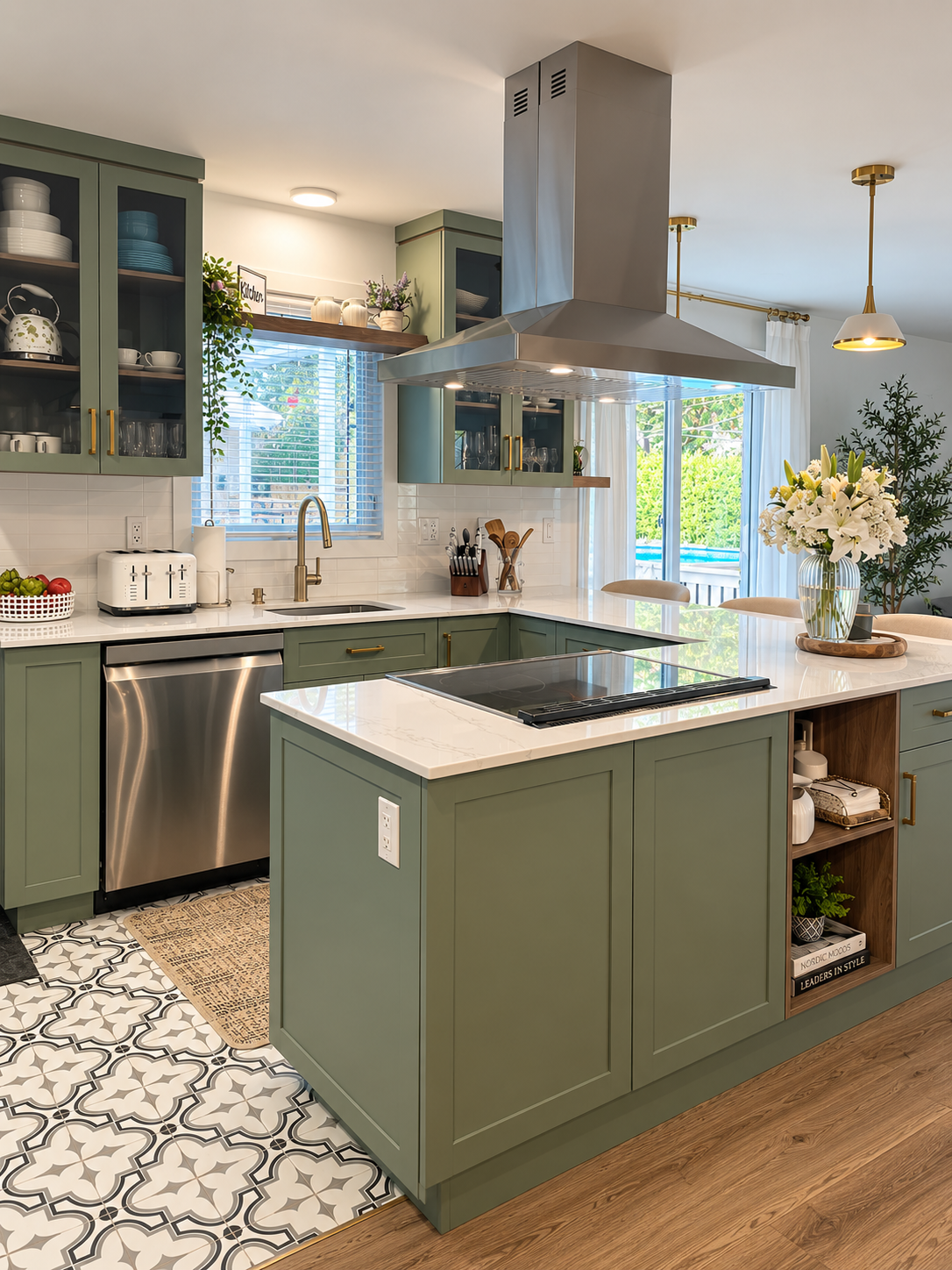 Small U-shaped kitchen renovated by Garcia Construction Rénovation in Quebec City, with green cabinetry, white countertops, wood accents, window above the sink and open-concept.