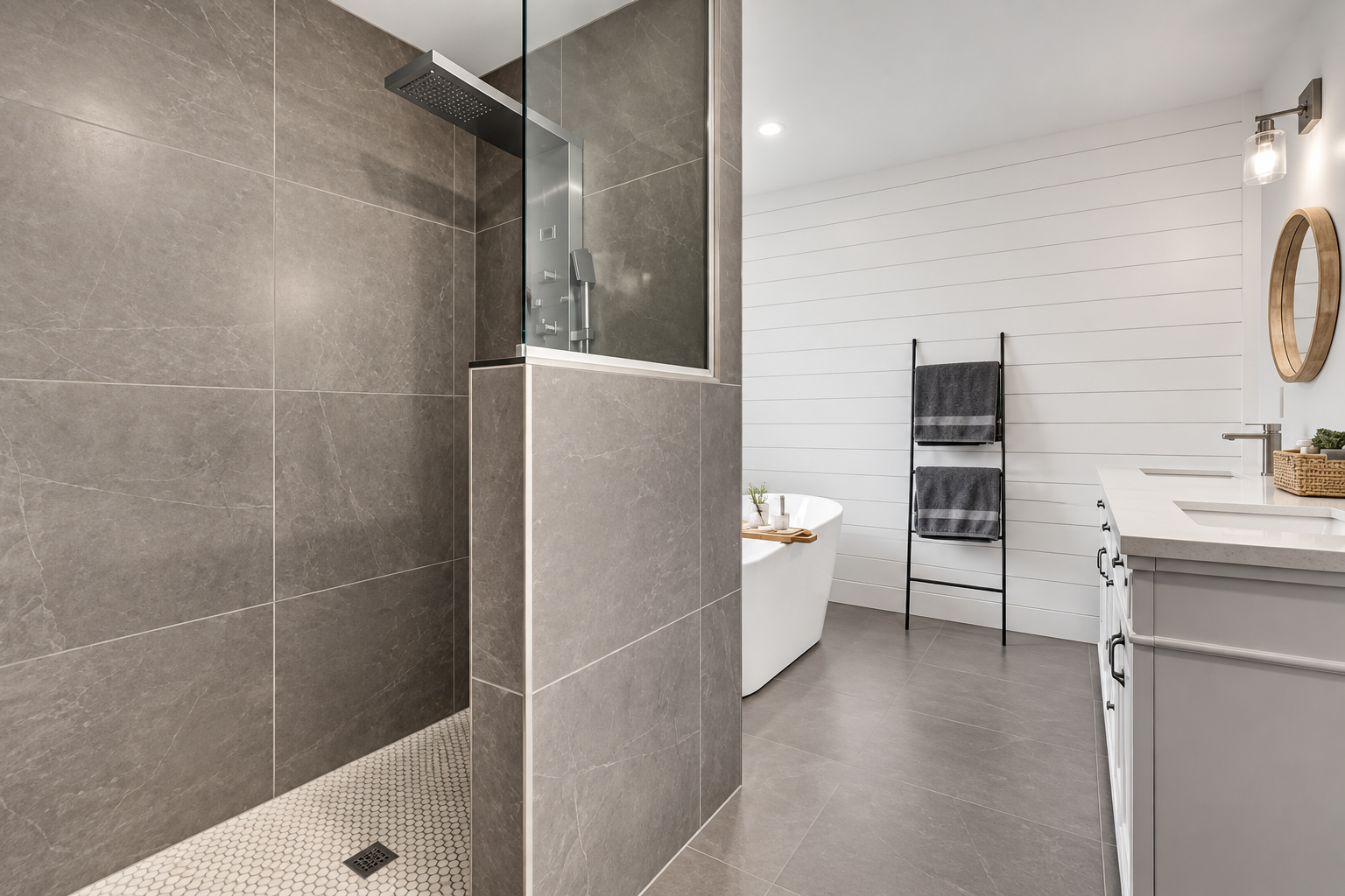 Salle de bain moderne avec douche vitrée, grandes tuiles grises, bain autoportant et vanité blanche.