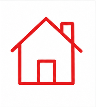 Une simple illustration d'une maison rouge avec un toit, une cheminée, et une porte centrale.