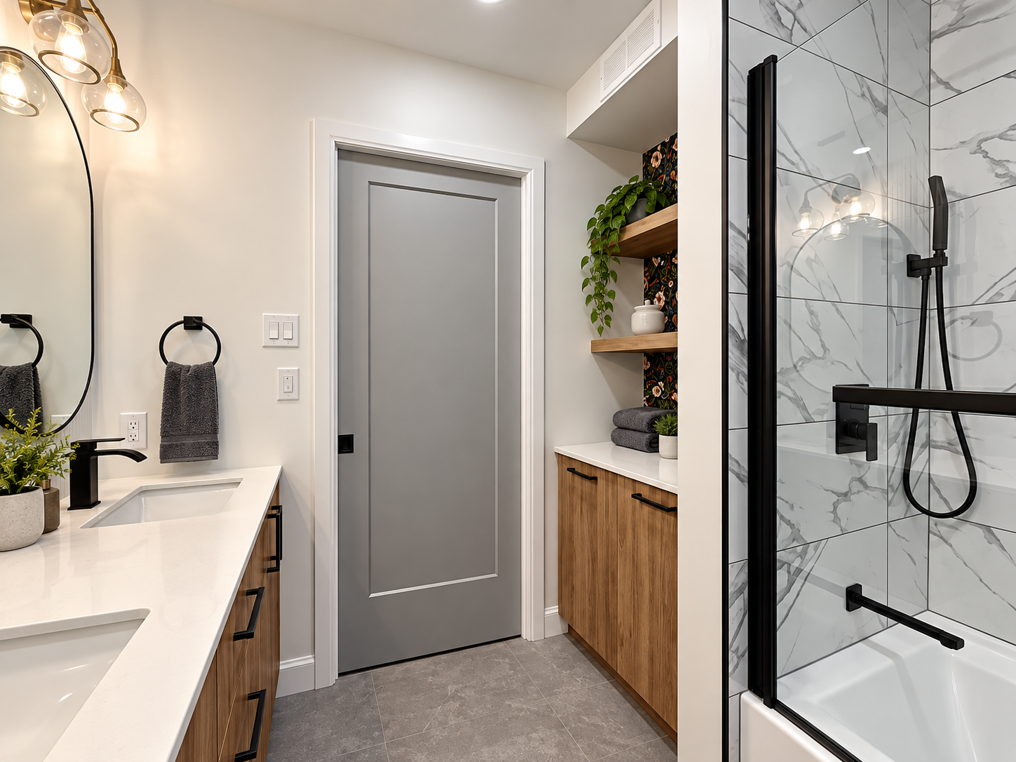 Salle de bain de bungalow rénovée par Garcia Construction Rénovation à Québec, avec bain-douche, vanité double en bois, robinetterie noire, porte escamotable et tablettes sur mesure. 