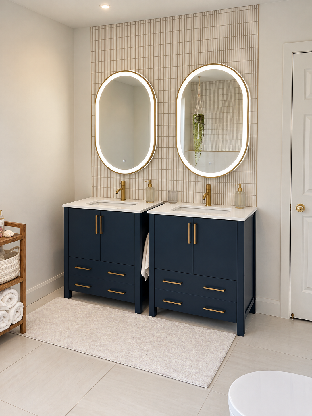 Salle de bain d’inspiration spa rénovée par Garcia Construction Rénovation à Québec, avec vanité double bleu foncé, deux miroirs éclairés, comptoir blanc et robinetterie en or brossé.