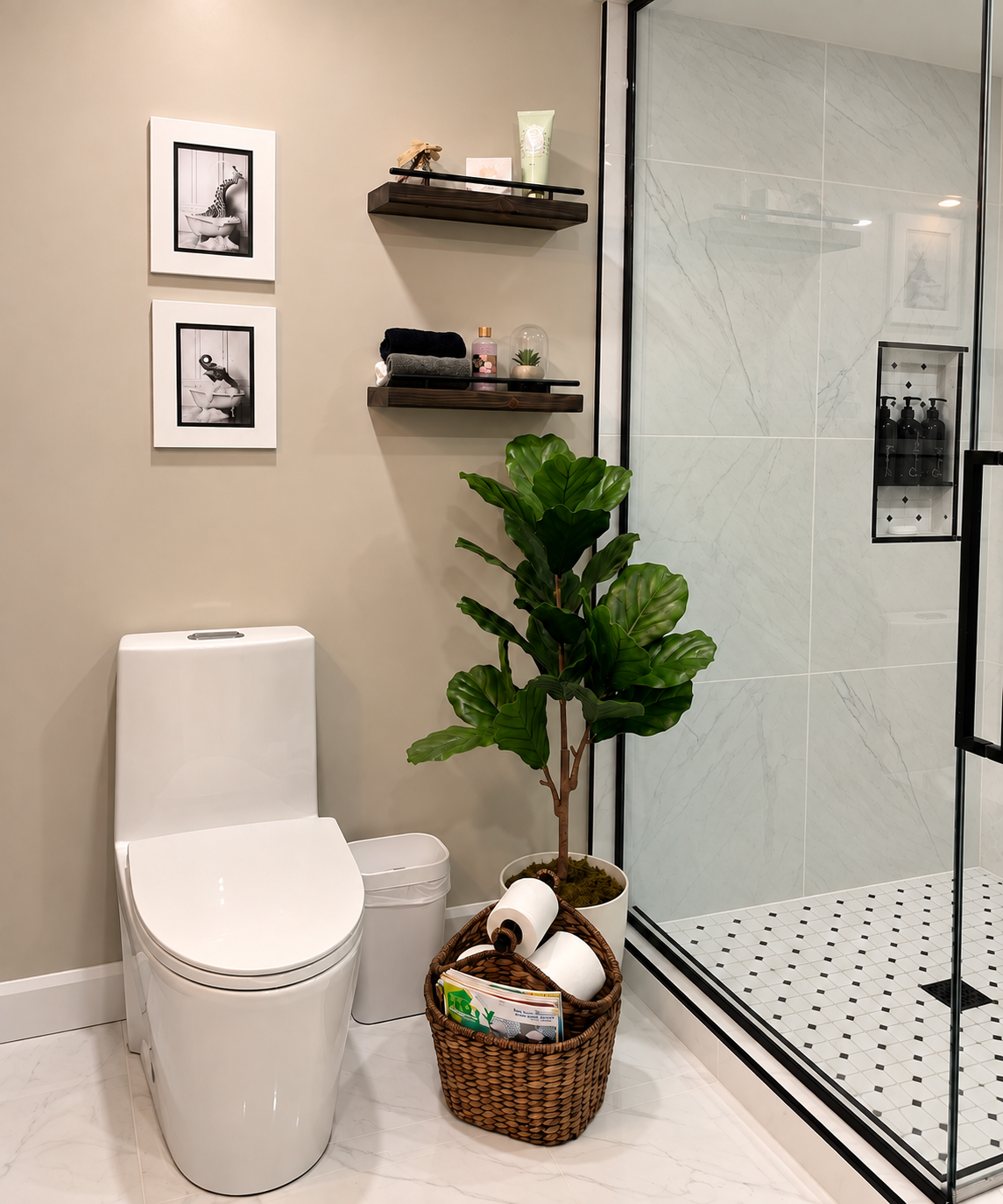 Salle de bain de sous-sol rénovée par Garcia Construction Rénovation à Québec, avec douche vitrée sur mesure et carrelage blanc.