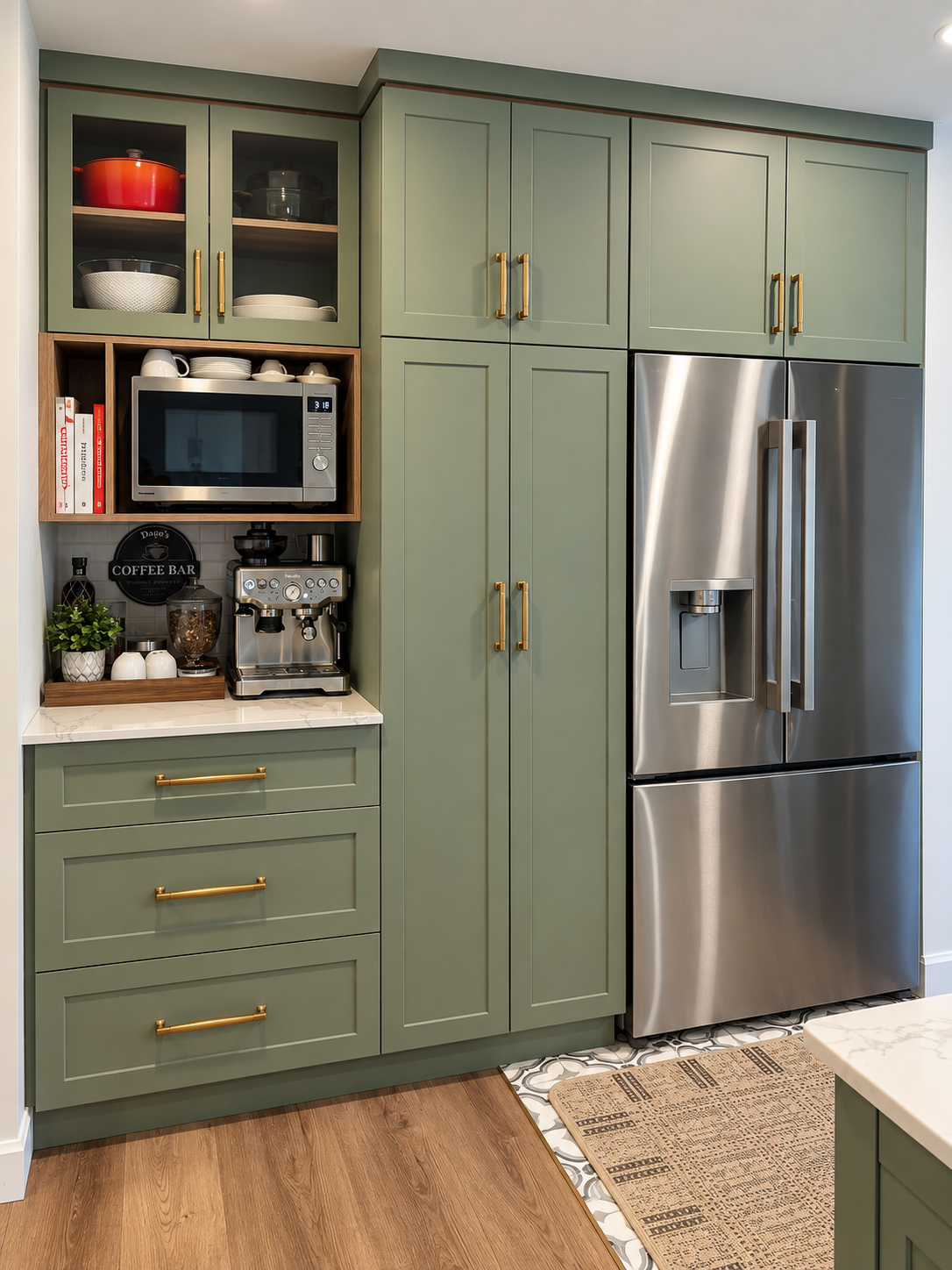 Kitchen renovated by Garcia Construction Rénovation in Quebec City, with green cabinetry, coffee bar and zero clearance fridge. 