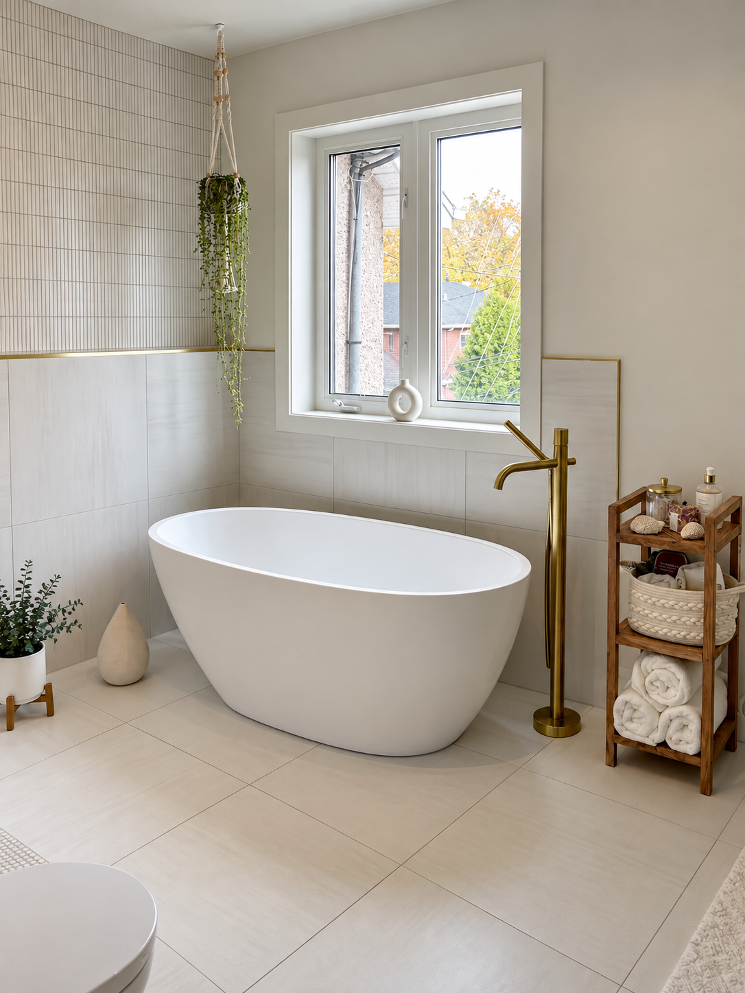 Salle de bain d’inspiration spa rénovée par Garcia Construction Rénovation à Québec, avec baignoire autoportante sous la fenêtre, carrelage aux tons neutres et robinetterie en or brossé.