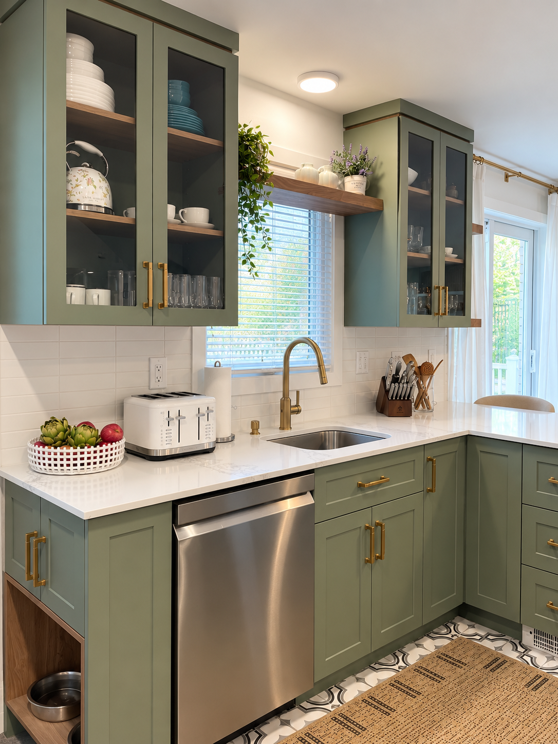 Small U-shaped kitchen renovated by Garcia Construction Rénovation in Quebec City, with green cabinetry, white countertops, wood accents and a window above the sink.