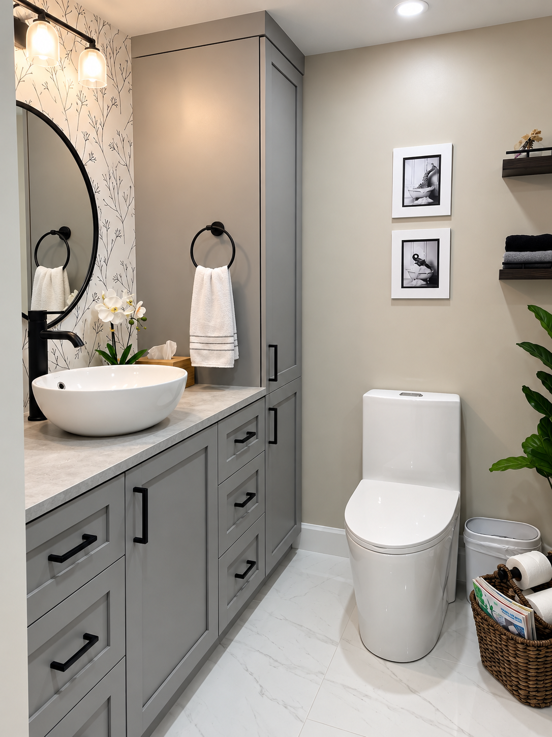 Salle de bain de sous-sol rénovée par Garcia Construction Rénovation à Québec, avec vanité grise sur mesure, lavabo vasque blanc et finitions aux tons neutres.
