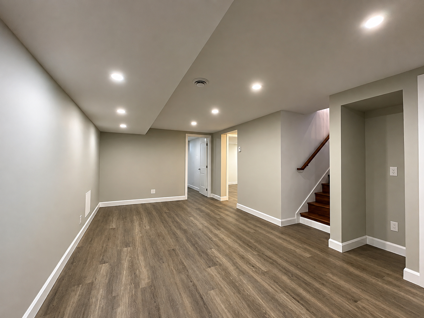 Basement renovated by Garcia Construction Rénovation in Quebec City, with a wood staircase, vinyl flooring and modern finishes.