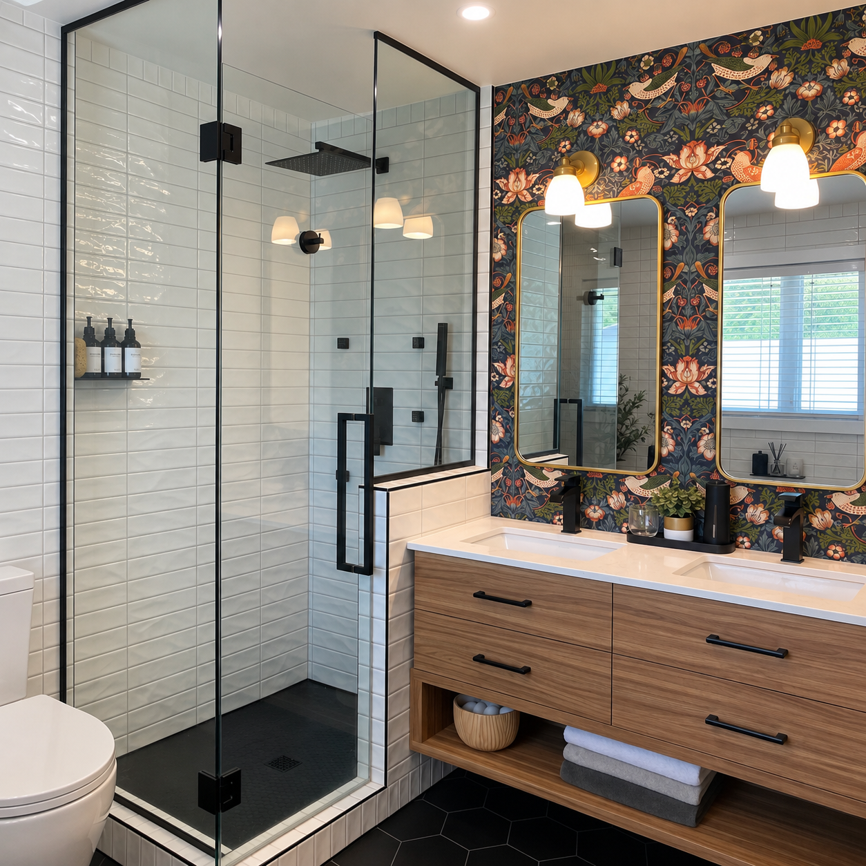 Bathroom renovated by Garcia Construction Rénovation in Quebec City, with a large glass shower, wood vanity and floral accent wall.