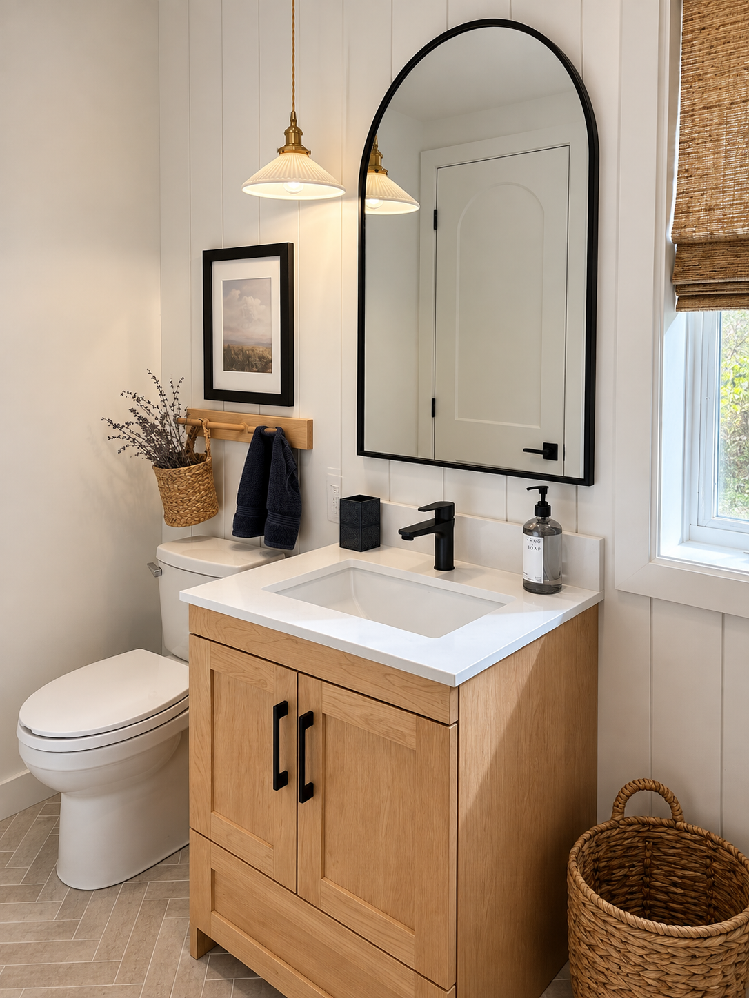 Salle d’eau rénovée par Garcia Construction Rénovation à Québec, avec vanité en bois naturel, accents noirs et plancher à motif chevrons.