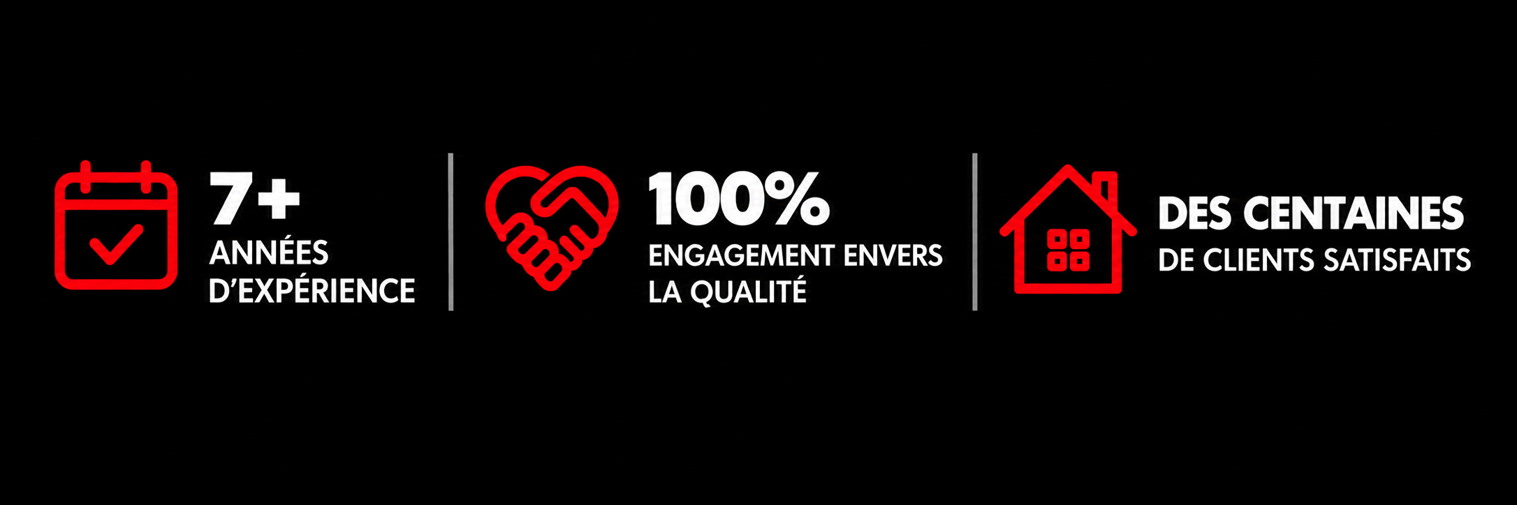 Infographie avec icônes rouges et blanches, montrant que l'entreprise a plus de 7 ans d'expérience, un engagement de 100% envers la qualité, et des centaines de clients satisfaits.