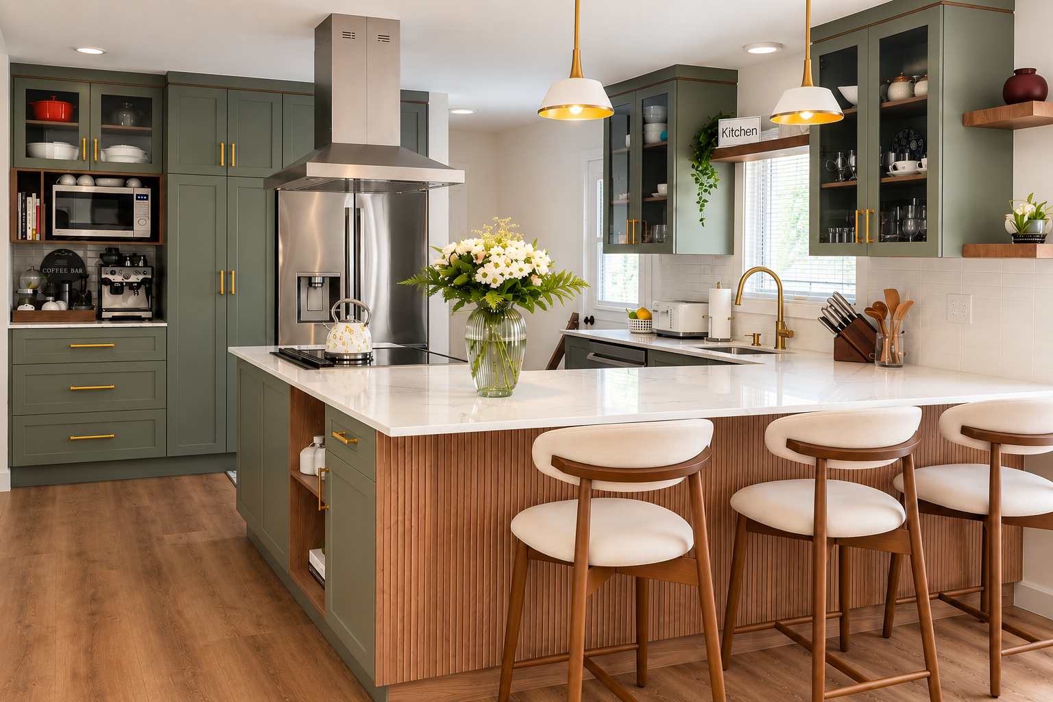 Small U-shaped kitchen renovated by Garcia Construction Rénovation in Quebec City, with green cabinetry, white countertops, wood accents and a window above the sink.