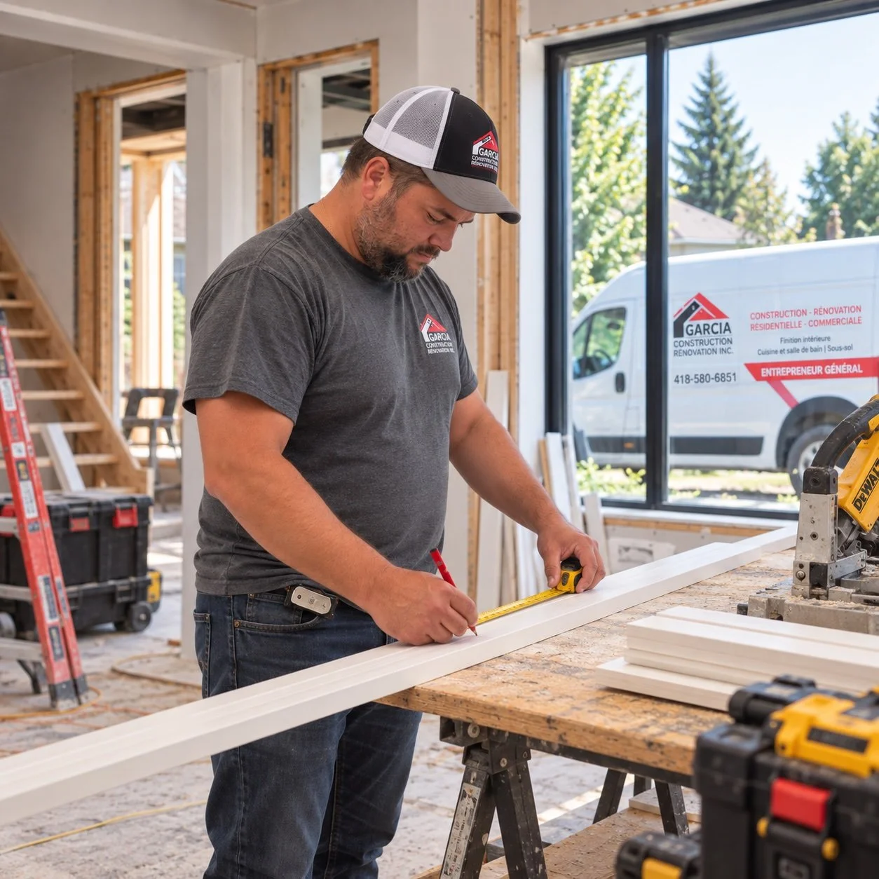 Entrepreneur de Garcia Construction Rénovation travaillant sur un projet de rénovation résidentielle à Québec.