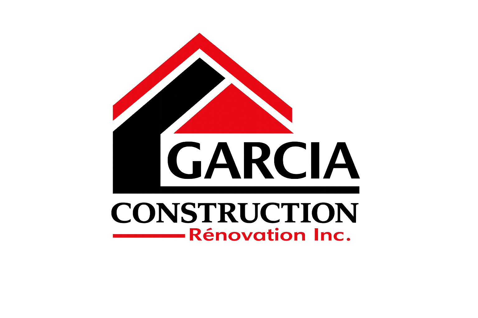 Logo d'une société de construction nommée GARCIA, avec un toit rouge au-dessus du texte en noir et une mention en rouge 'Rénovation Inc.'.