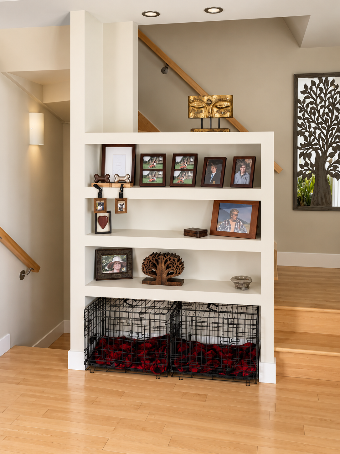 Custom open shelving by Garcia Construction Rénovation in Quebec City.