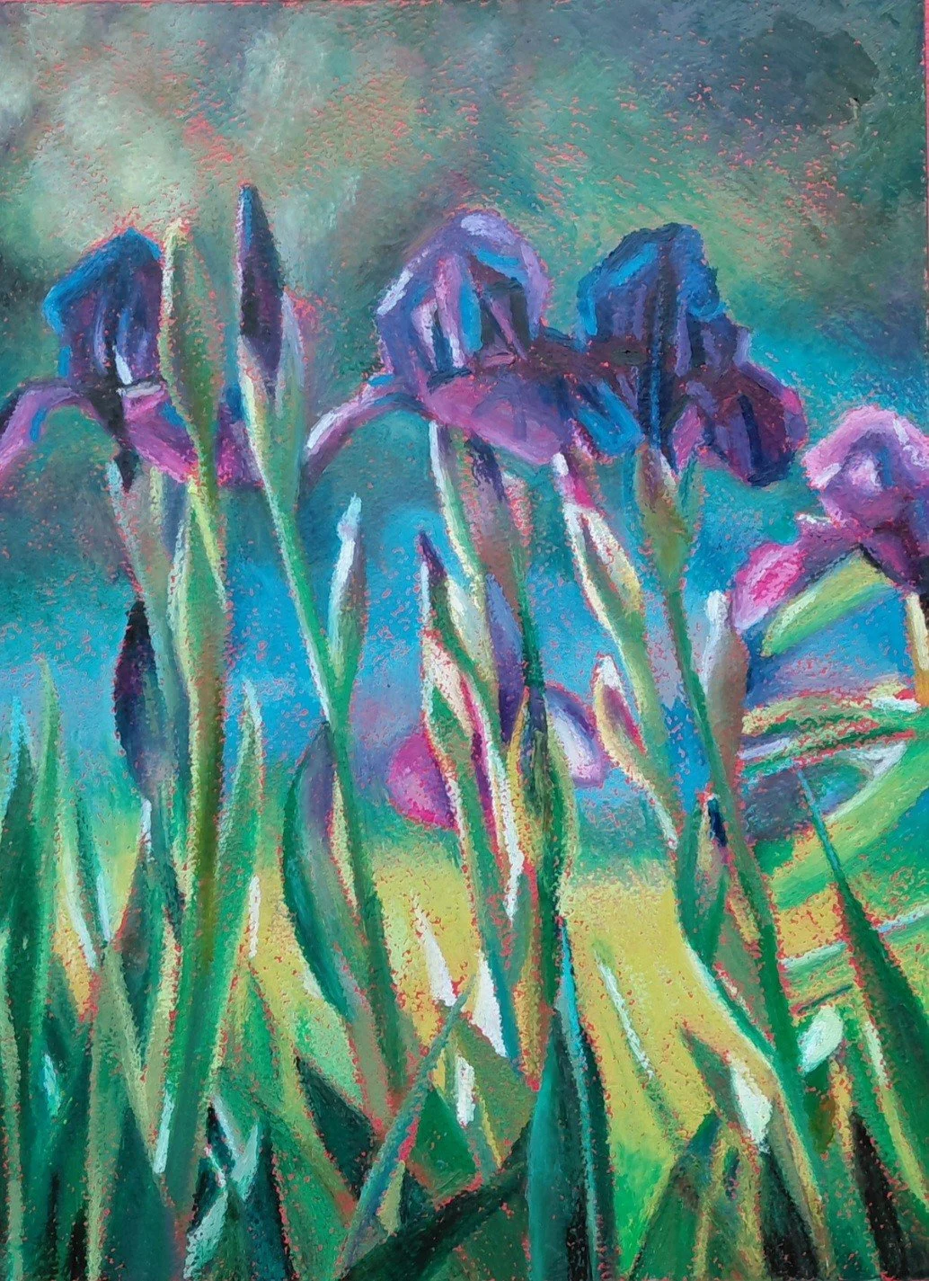 Irises - 12 x 9 - Oil Pastels - Framed