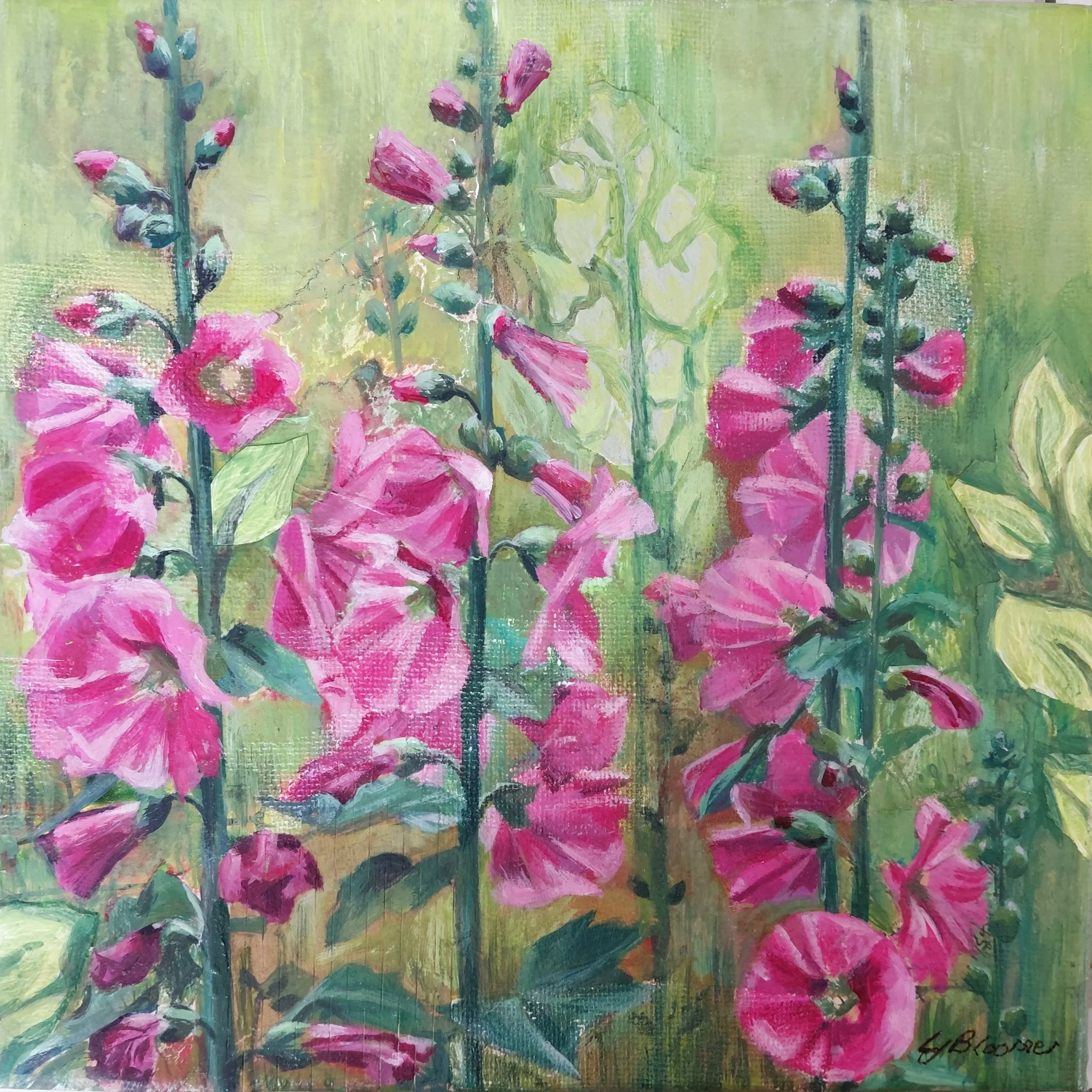 Hollyhocks - 8 x 8 - Mixed Media