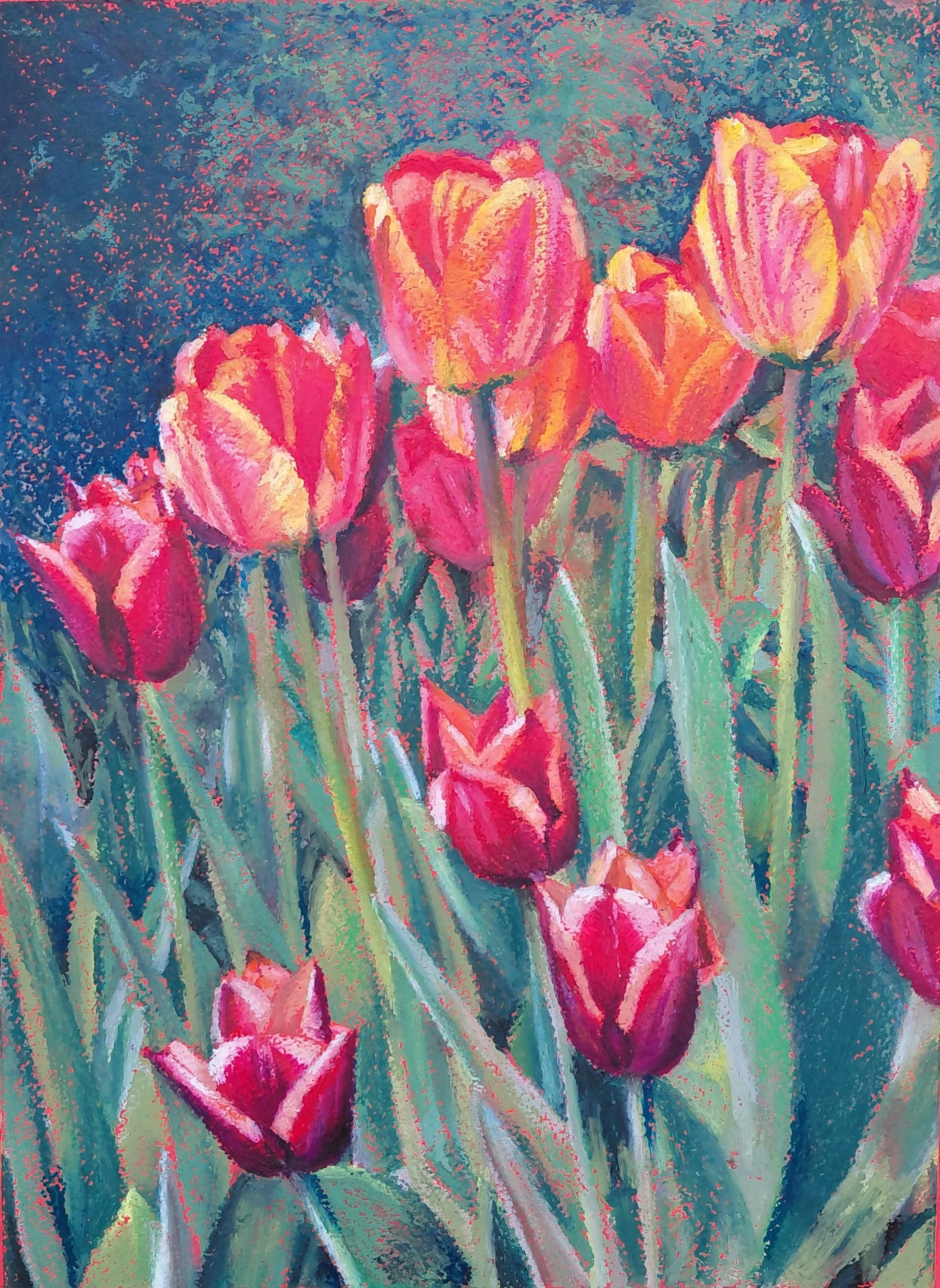 Tulips - 12 x 9 - Oil Pastels - Framed