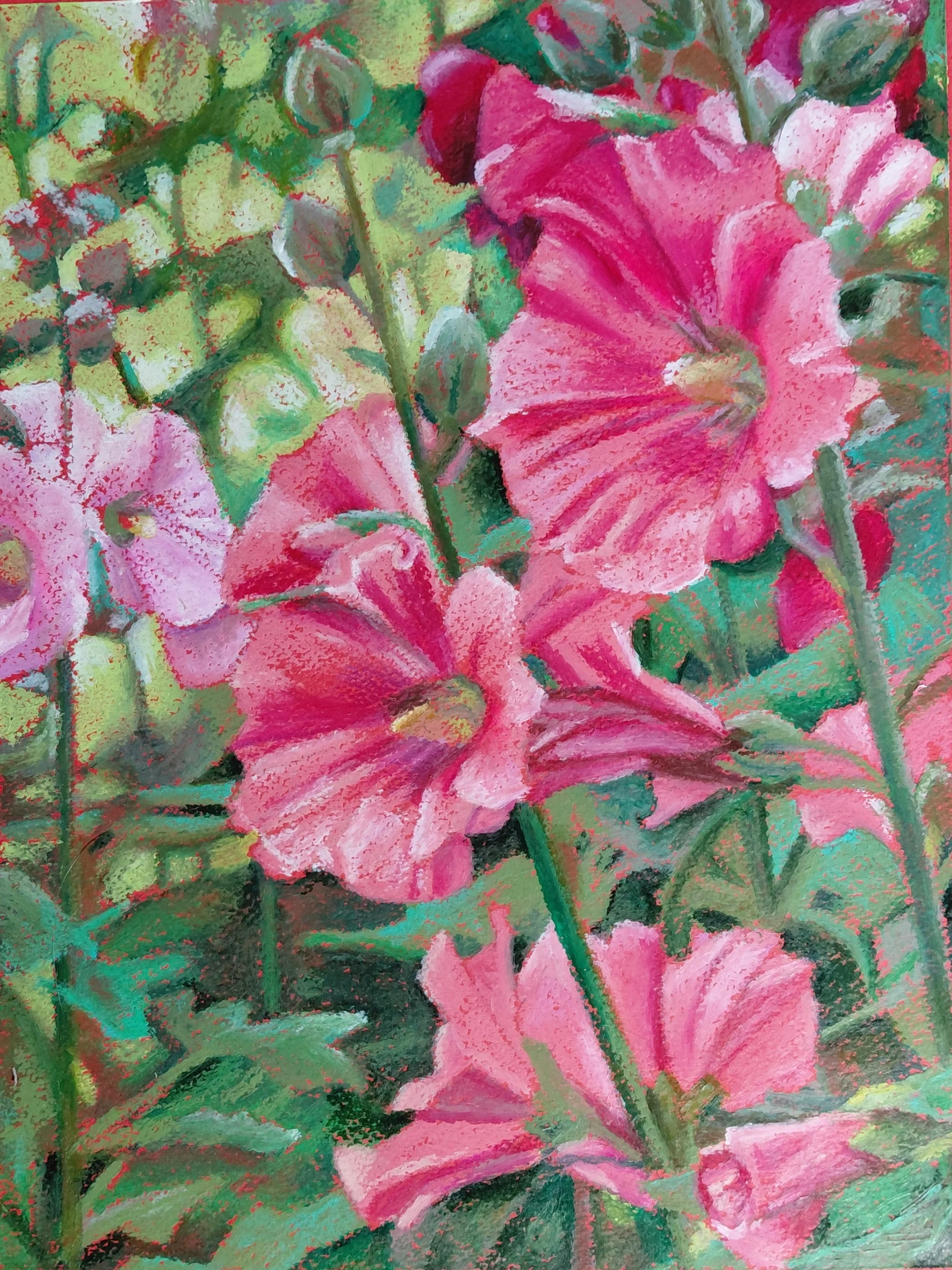 Hollyhocks - 12 x 9 - Oil Pastels - Framed