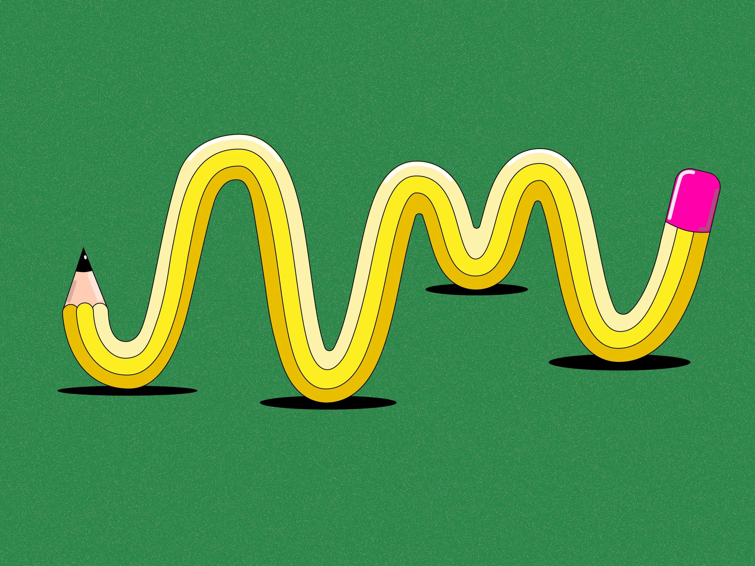 An illustration of a classic yellow pencil on a green background. The pencil is bendy and makes the letters N and M