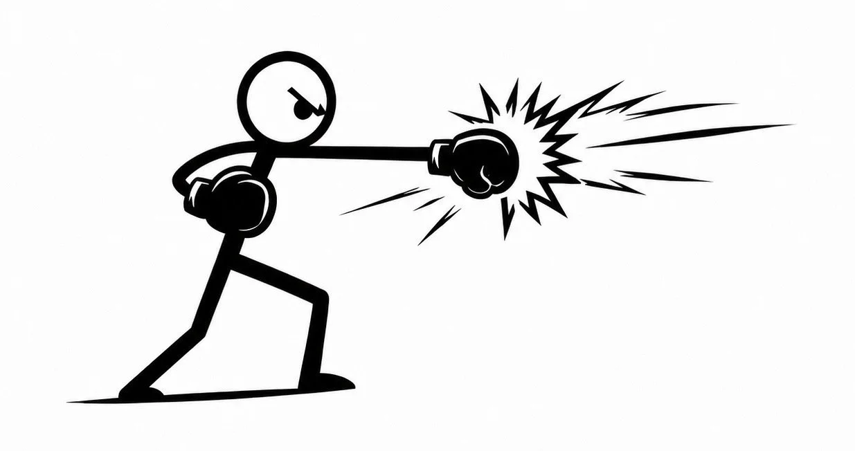 A stick figure punching with a boxing glove, creating a comic-style explosion effect.