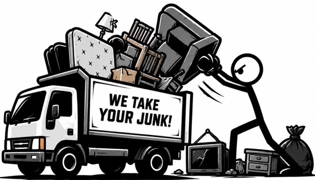 Illustration of a junk removal truck with a person throwing away old furniture and electronics. The truck has a sign saying "We Take Your Junk!".