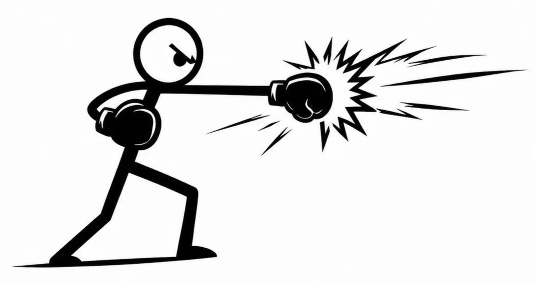 A stick figure cartoon character with an angry facial expression throwing a punch that emits a burst of energy or impact lines.
