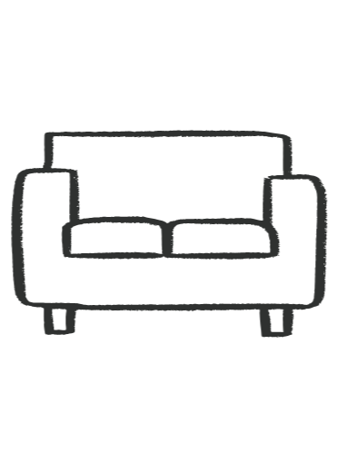 Simple black and white line drawing of a sofa with cushions and four legs.
